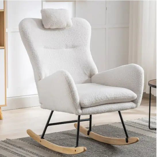 Sillón Mecedor con Bolsillos, Sillón Mecedor de Tela Teddy Suave para Guardería, Sillón Mecedor Golider Wingback Cómodo