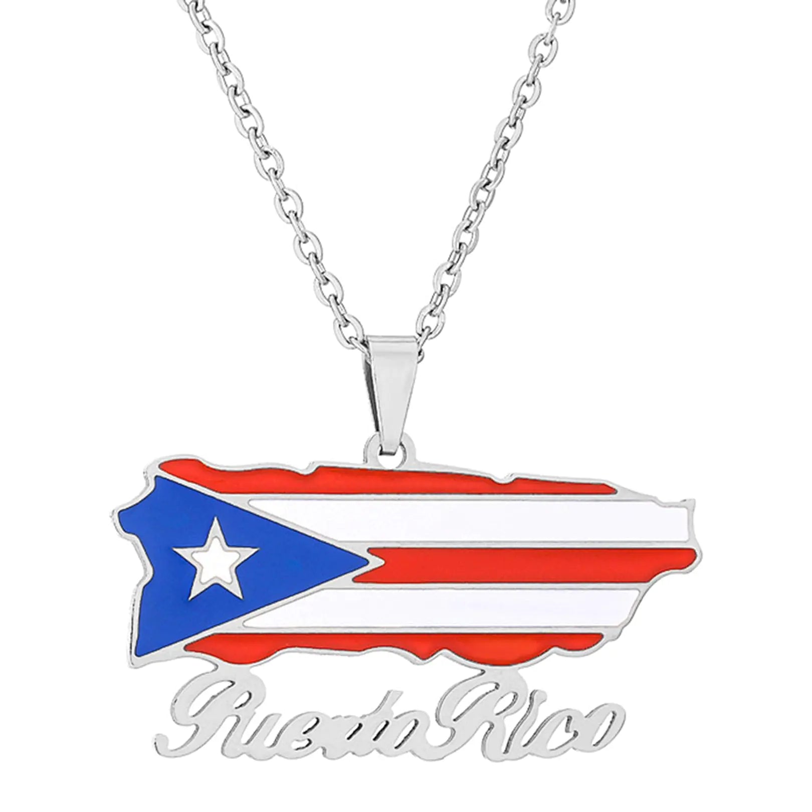 Collar con Colgante de Mapa de Puerto Rico y Bandera del País en Acero Inoxidable Fusamk Fashion (Blanco)