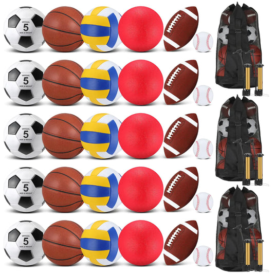 Liliful Set de 36 Piezas de Balones Deportivos para Fútbol, Fútbol Americano, Baloncesto, Voleibol, Beisbol - Equipo Multideporte con Bolsas de Transporte y Bomba para Niños y Adultos, Variado para Operación Navidad (Marrón Rojo)