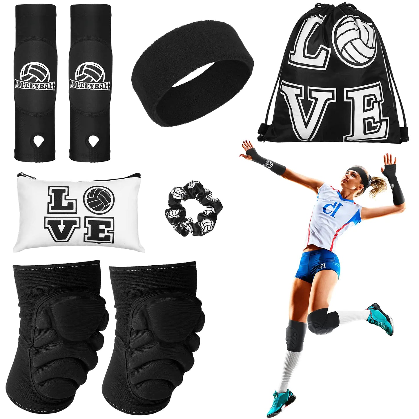 Vabean 8 Piezas Accesorios de Voleibol Incluye Mangas para Brazos, Rodilleras, Scrunchies para Cabello, Banda de Sudor, Bolsa con Cordón, Bolsa Cosmética, Guardia de Muñeca y Soporte de Rodilla (Negro Mediano)