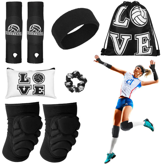 Vabean 8 Piezas Accesorios de Voleibol Incluye Mangas para Brazos, Rodilleras, Scrunchies para Cabello, Banda de Sudor, Bolsa con Cordón, Bolsa Cosmética, Guardia de Muñeca y Soporte de Rodilla (Negro Mediano)