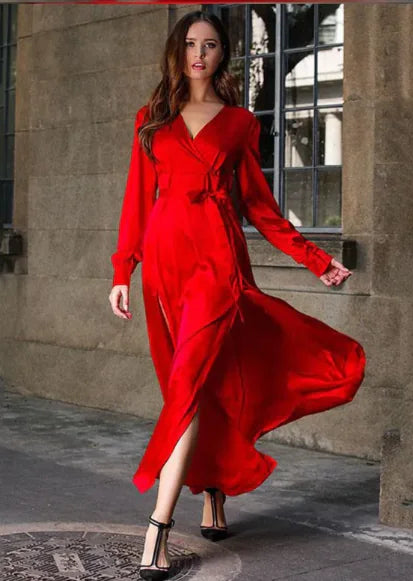 Vestido Elegante con Cuello en V y Mangas Largas
