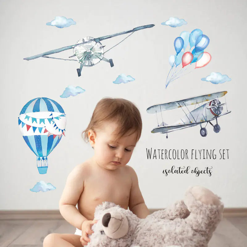Watercolor Hand-Painted Airplane Balloon Wall Stickers