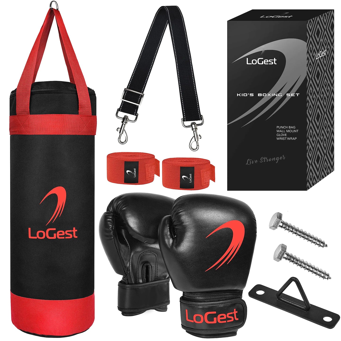 Set de Boxeo LoGest para Niños - Saco de Boxeo Adecuado para Niños de 3-8 Años - Guantes de Boxeo y Vendas para Manos Incluidos - Boxeo, MMA, Kickboxing, Muay Thai, Karate para Jóvenes