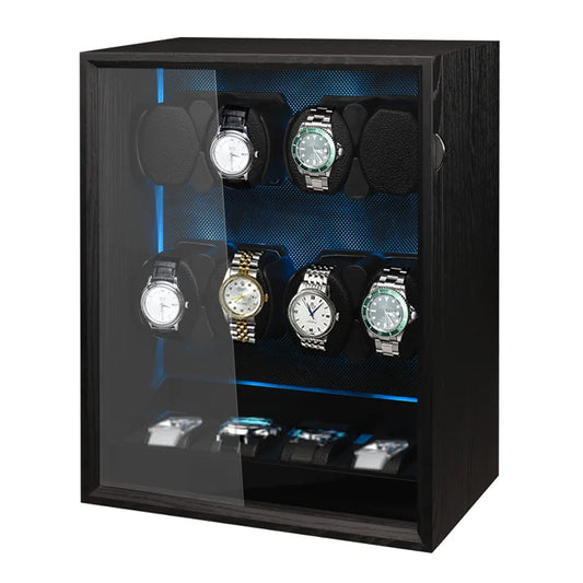 Embers Watch Winder 2 4 8 Caja de almacenamiento de relojes Motor silencioso de grano de madera negro con retroiluminación