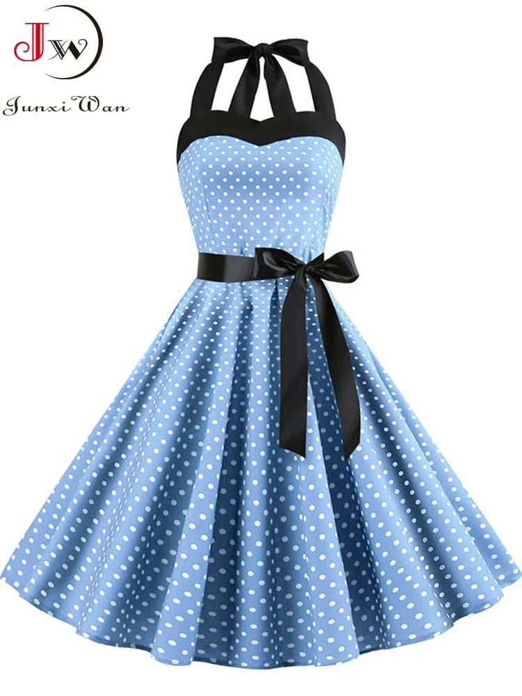 Vestido de fiesta con cuello Halter para mujer, vestidos Vintage con espalda descubierta, vestido Retro Rockabilly Swing, vestido veraniego por debajo de la rodilla elegante para mujer
