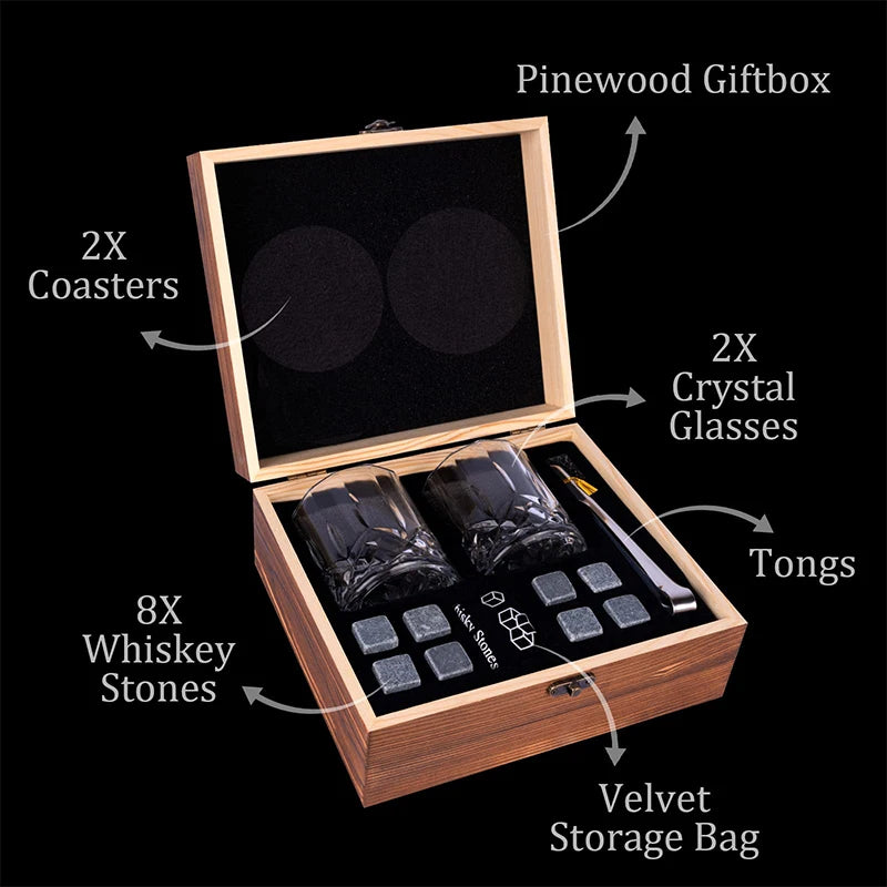 1 Juego de regalo para el Día del Padre para hombres, juego de piedras para whisky, 8 cubos de hielo de granito + 2 vasos en caja de madera, regalo para papá