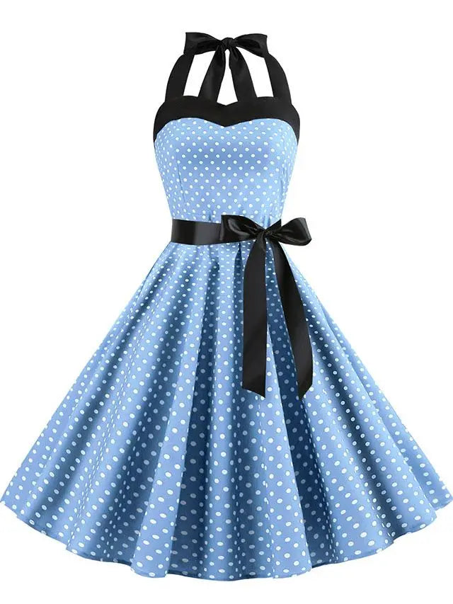 Vestido de fiesta con cuello Halter para mujer, vestidos Vintage con espalda descubierta, vestido Retro Rockabilly Swing, vestido veraniego por debajo de la rodilla elegante para mujer