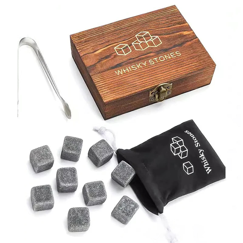 1 Juego de regalo para el Día del Padre para hombres, juego de piedras para whisky, 8 cubos de hielo de granito + 2 vasos en caja de madera, regalo para papá