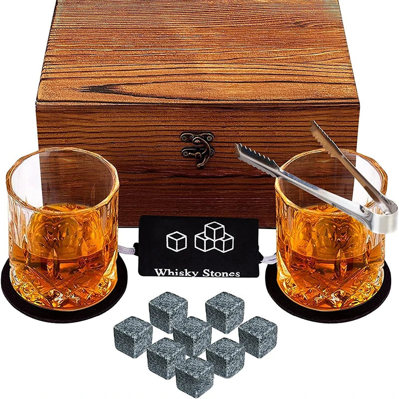 1 Juego de regalo para el Día del Padre para hombres, juego de piedras para whisky, 8 cubos de hielo de granito + 2 vasos en caja de madera, regalo para papá