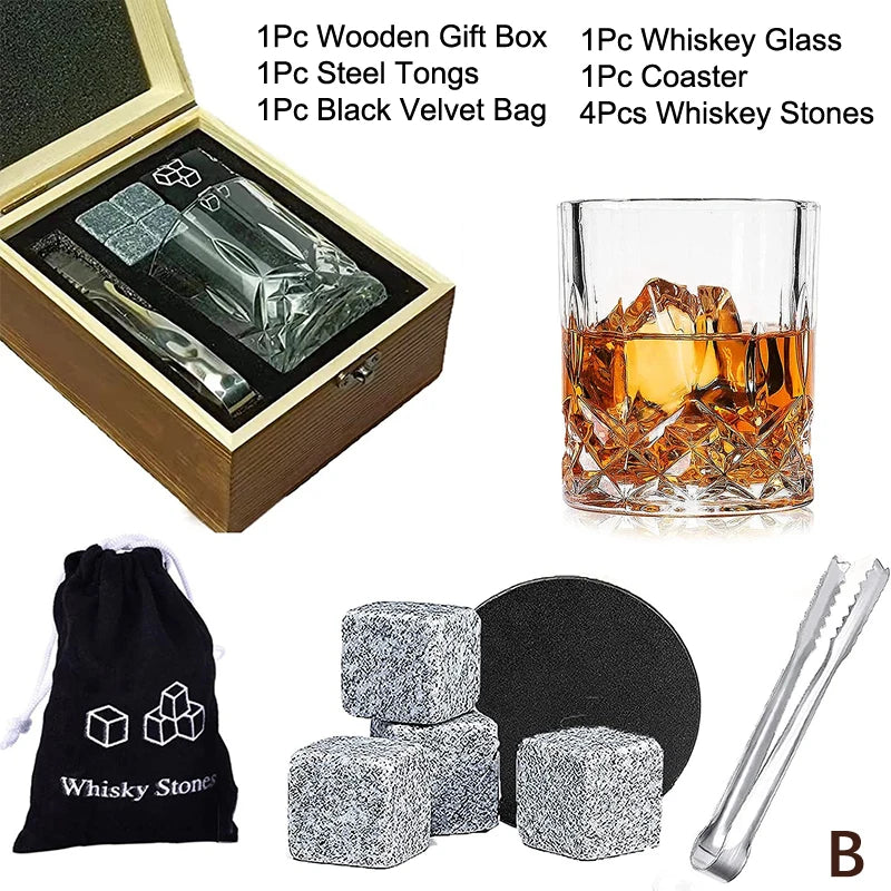 1 Juego de regalo para el Día del Padre para hombres, juego de piedras para whisky, 8 cubos de hielo de granito + 2 vasos en caja de madera, regalo para papá