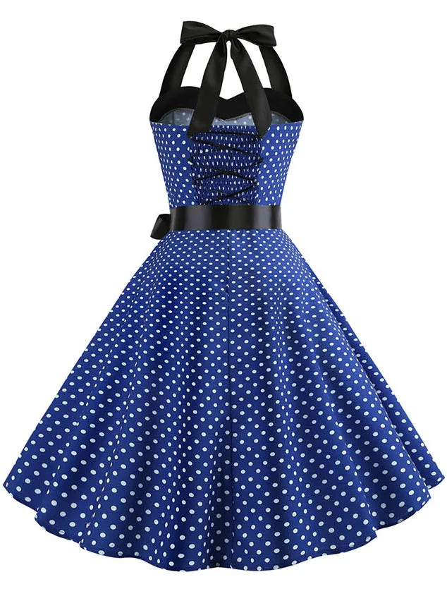 Vestido de fiesta con cuello Halter para mujer, vestidos Vintage con espalda descubierta, vestido Retro Rockabilly Swing, vestido veraniego por debajo de la rodilla elegante para mujer
