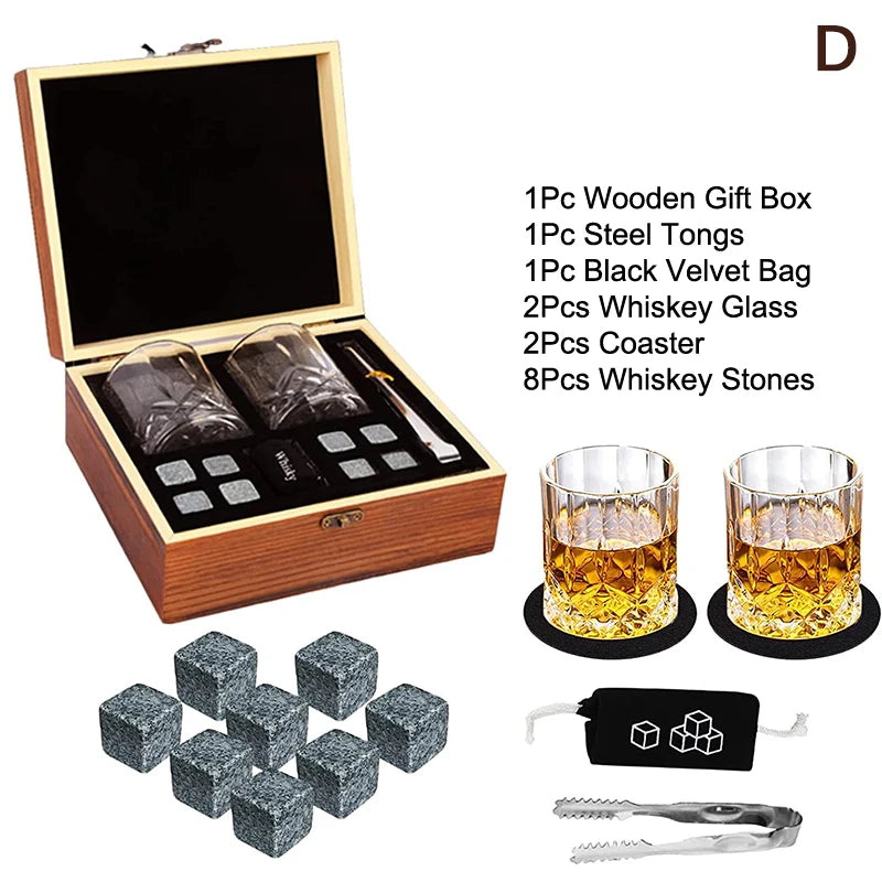 1 Juego de regalo para el Día del Padre para hombres, juego de piedras para whisky, 8 cubos de hielo de granito + 2 vasos en caja de madera, regalo para papá