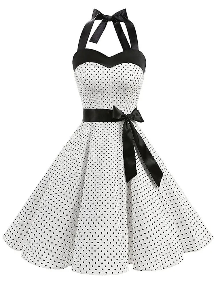 Vestido de fiesta con cuello Halter para mujer, vestidos Vintage con espalda descubierta, vestido Retro Rockabilly Swing, vestido veraniego por debajo de la rodilla elegante para mujer