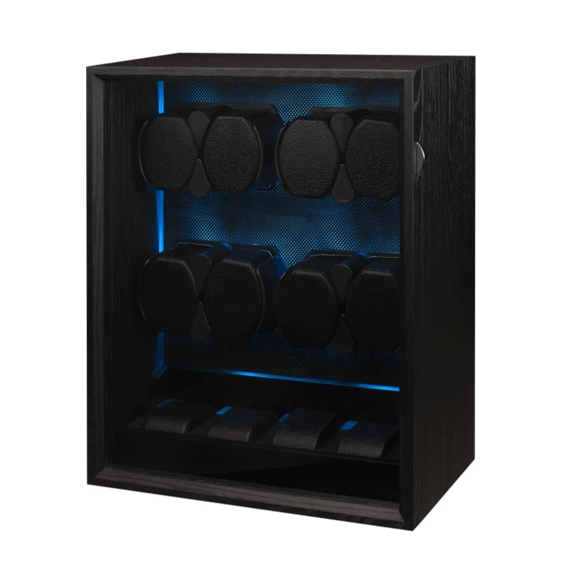 Embers Watch Winder 2 4 8 Caja de almacenamiento de relojes Motor silencioso de grano de madera negro con retroiluminación