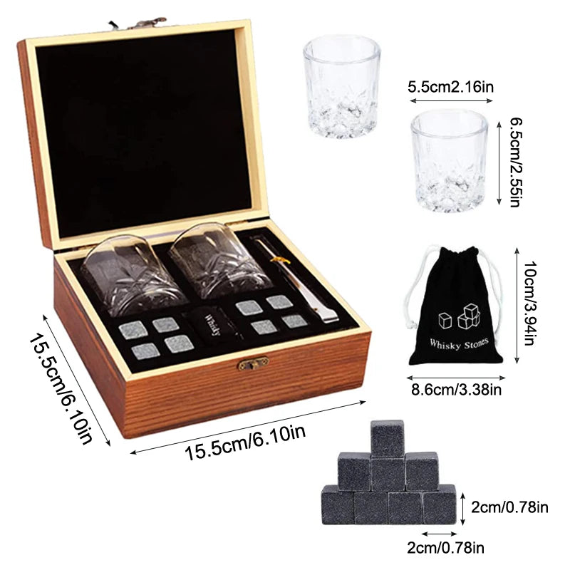 1 Juego de regalo para el Día del Padre para hombres, juego de piedras para whisky, 8 cubos de hielo de granito + 2 vasos en caja de madera, regalo para papá