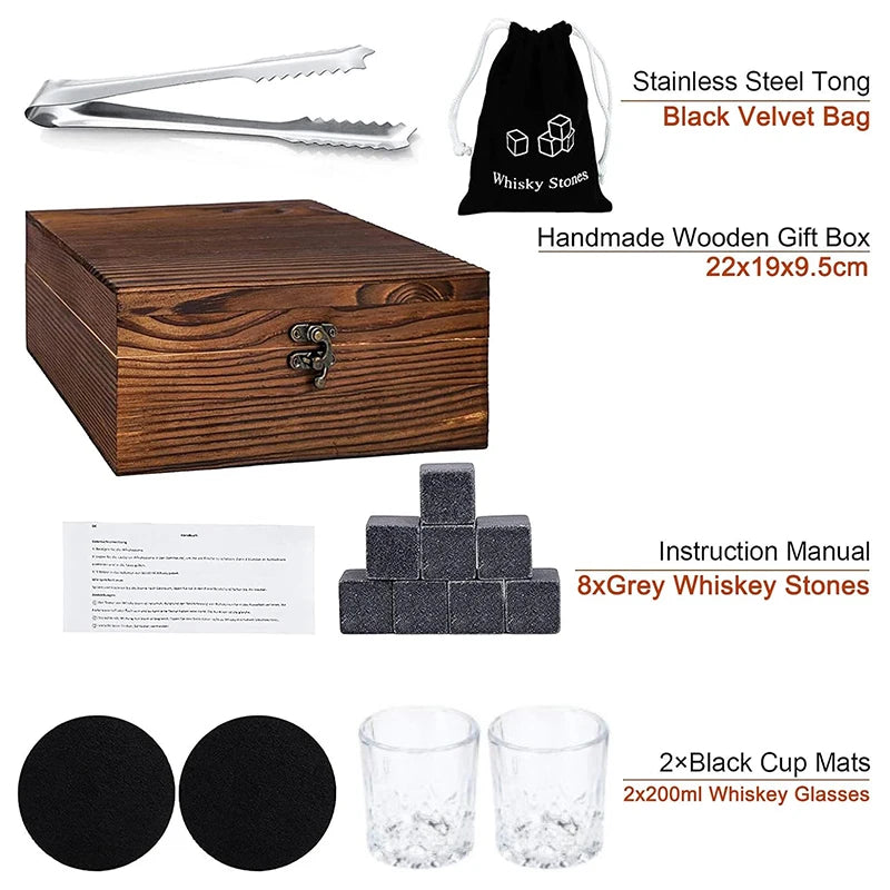 1 Juego de regalo para el Día del Padre para hombres, juego de piedras para whisky, 8 cubos de hielo de granito + 2 vasos en caja de madera, regalo para papá
