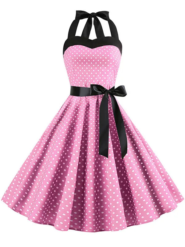 Vestido de fiesta con cuello Halter para mujer, vestidos Vintage con espalda descubierta, vestido Retro Rockabilly Swing, vestido veraniego por debajo de la rodilla elegante para mujer