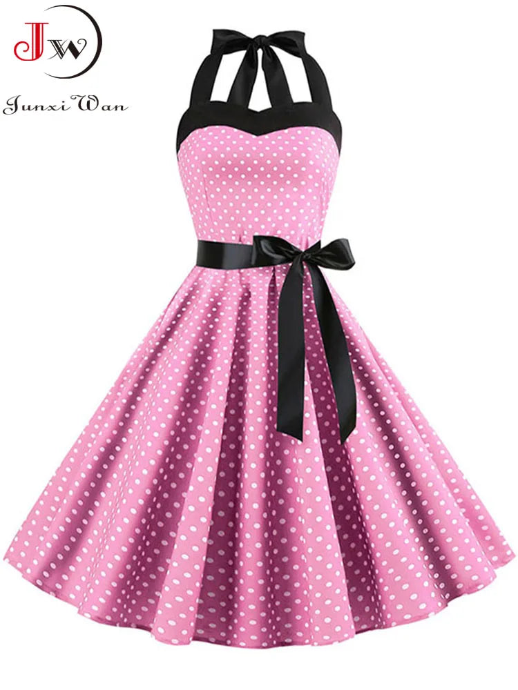 Vestido de fiesta con cuello Halter para mujer, vestidos Vintage con espalda descubierta, vestido Retro Rockabilly Swing, vestido veraniego por debajo de la rodilla elegante para mujer
