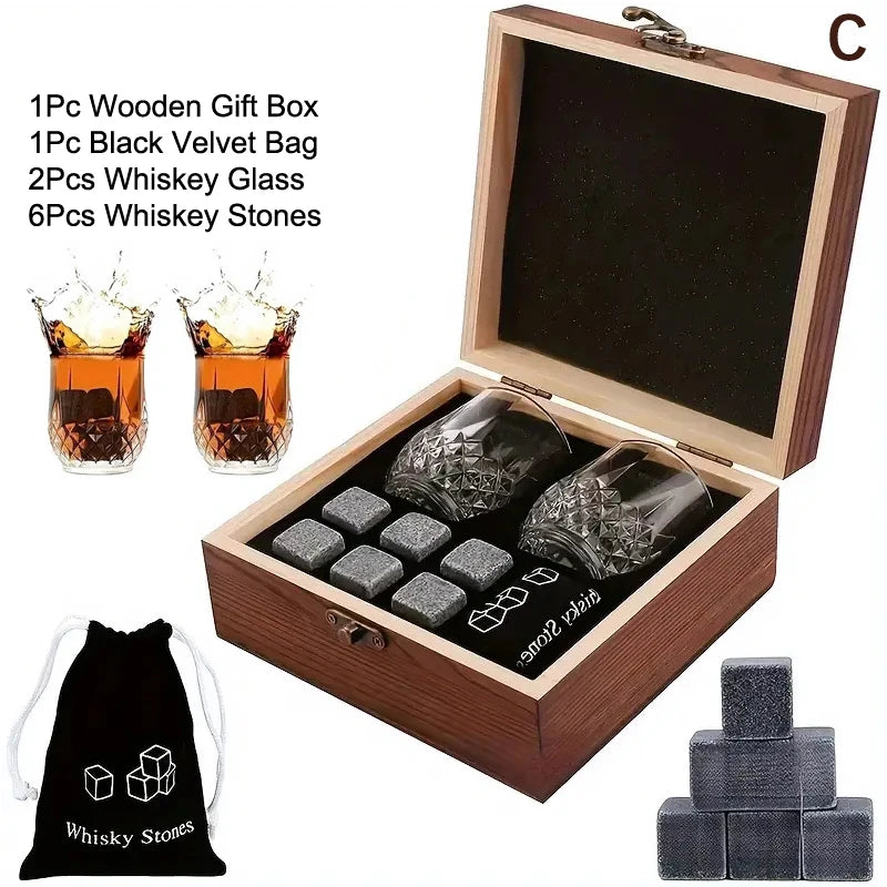 1 Juego de regalo para el Día del Padre para hombres, juego de piedras para whisky, 8 cubos de hielo de granito + 2 vasos en caja de madera, regalo para papá