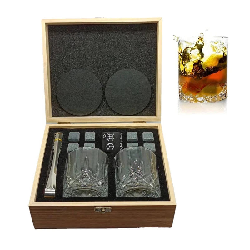 1 Juego de regalo para el Día del Padre para hombres, juego de piedras para whisky, 8 cubos de hielo de granito + 2 vasos en caja de madera, regalo para papá