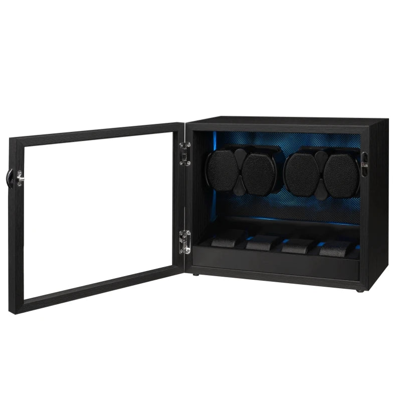 Embers Watch Winder 2 4 8 Caja de almacenamiento de relojes Motor silencioso de grano de madera negro con retroiluminación