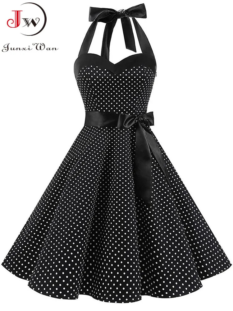 Vestido de fiesta con cuello Halter para mujer, vestidos Vintage con espalda descubierta, vestido Retro Rockabilly Swing, vestido veraniego por debajo de la rodilla elegante para mujer