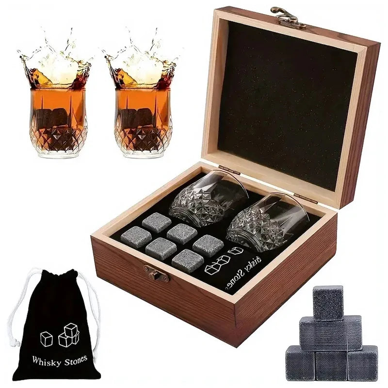 1 Juego de regalo para el Día del Padre para hombres, juego de piedras para whisky, 8 cubos de hielo de granito + 2 vasos en caja de madera, regalo para papá