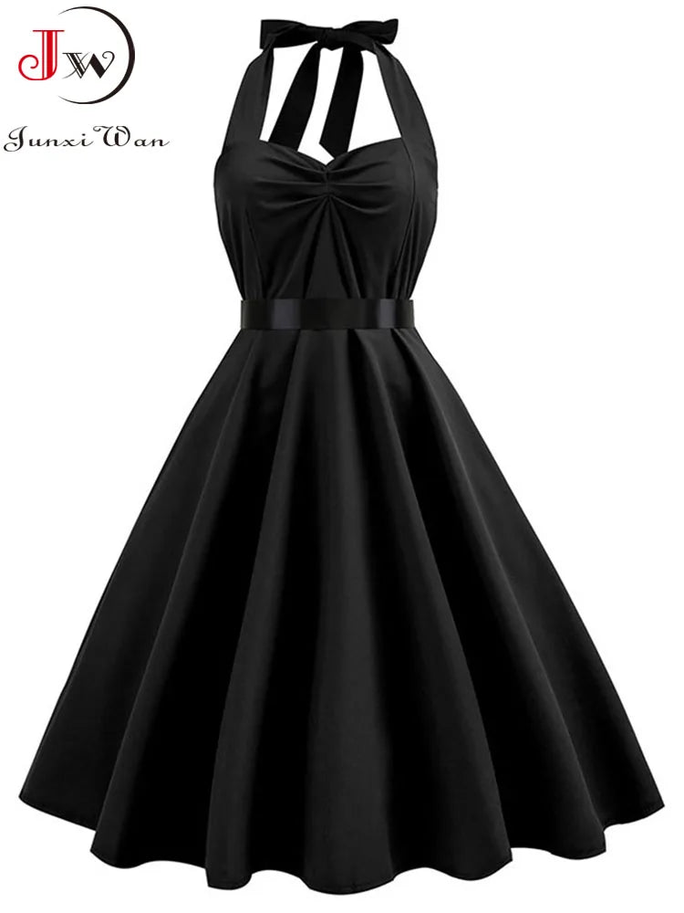 Vestido de fiesta con cuello Halter para mujer, vestidos Vintage con espalda descubierta, vestido Retro Rockabilly Swing, vestido veraniego por debajo de la rodilla elegante para mujer
