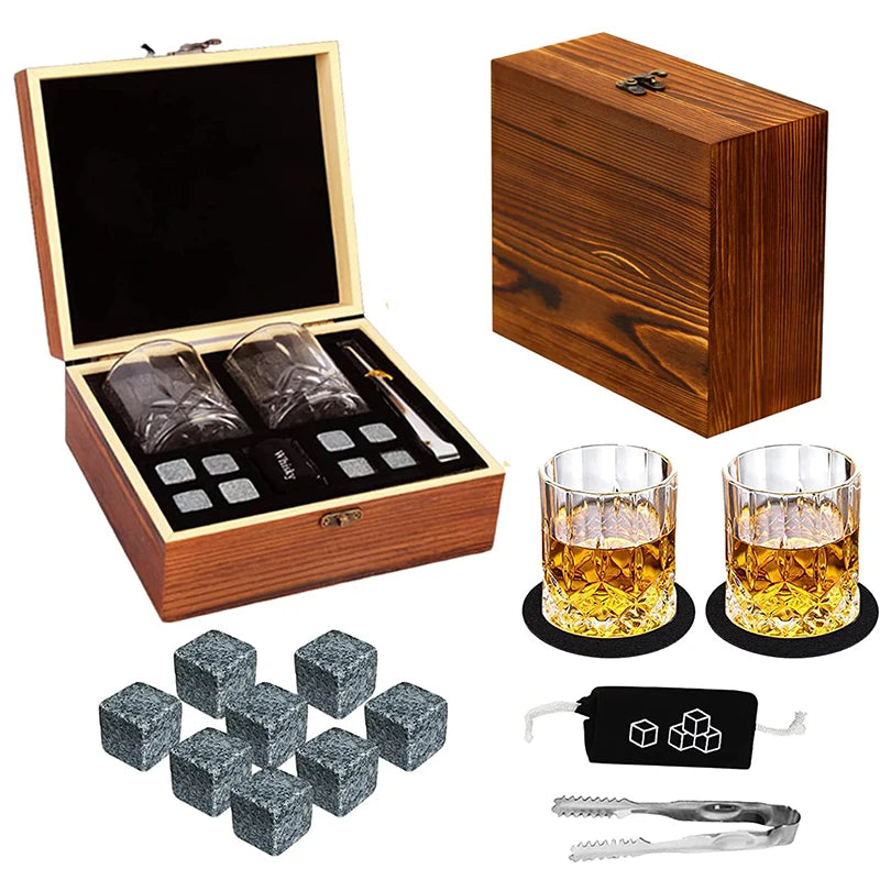 1 Juego de regalo para el Día del Padre para hombres, juego de piedras para whisky, 8 cubos de hielo de granito + 2 vasos en caja de madera, regalo para papá