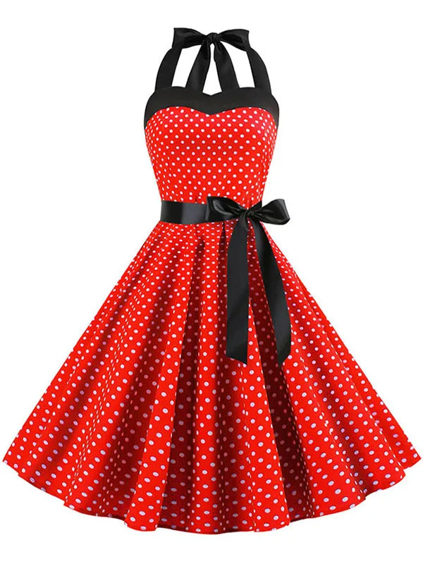 Vestido de fiesta con cuello Halter para mujer, vestidos Vintage con espalda descubierta, vestido Retro Rockabilly Swing, vestido veraniego por debajo de la rodilla elegante para mujer