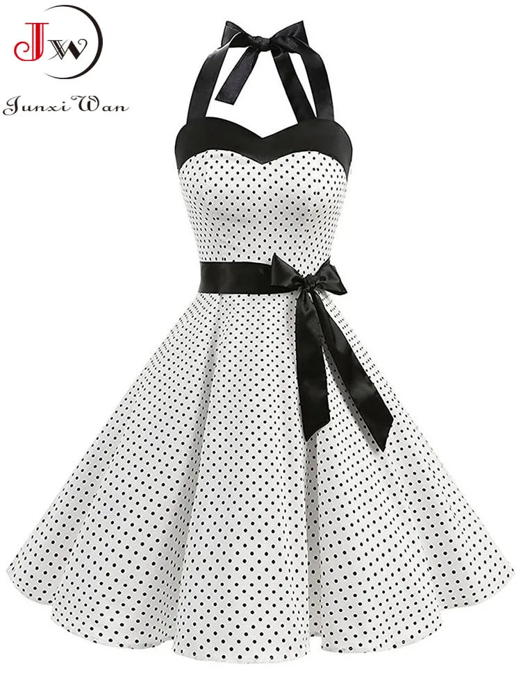 Vestido de fiesta con cuello Halter para mujer, vestidos Vintage con espalda descubierta, vestido Retro Rockabilly Swing, vestido veraniego por debajo de la rodilla elegante para mujer