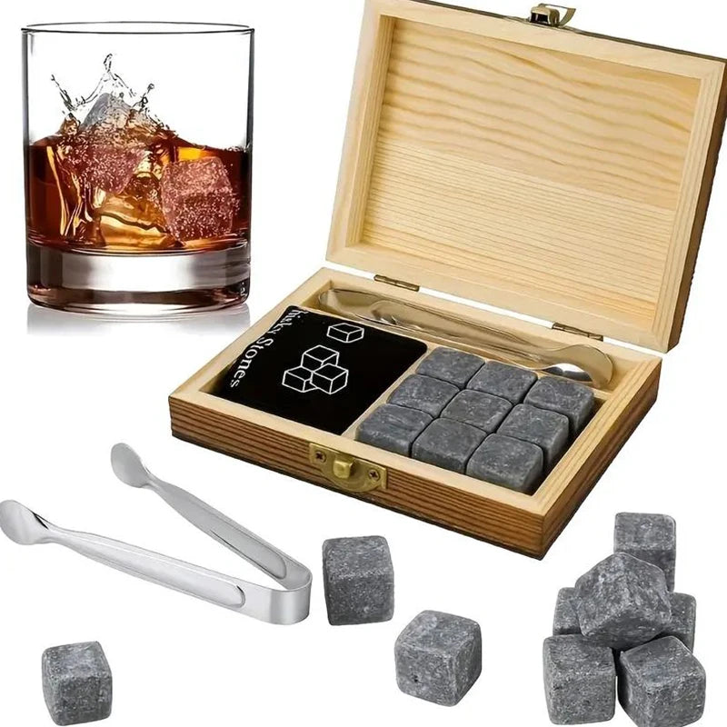 1 Juego de regalo para el Día del Padre para hombres, juego de piedras para whisky, 8 cubos de hielo de granito + 2 vasos en caja de madera, regalo para papá