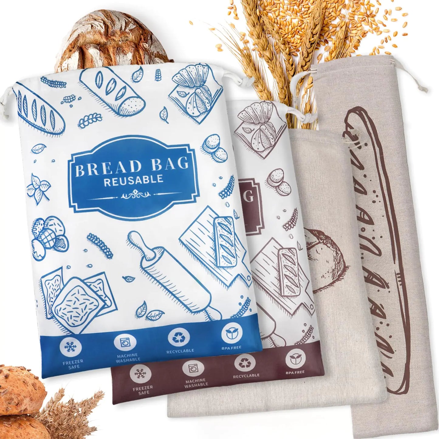 Paquete de 4 Bolsas para Pan Hecho en Casa Reutilizables con Forro de TPU para Almacenamiento de Pan de Masa Ácida, Baguettes, Conservación Fresca, Almacenamiento en Congelador, Esenciales para Hacer Pan en Casa y Regalos para Hornear