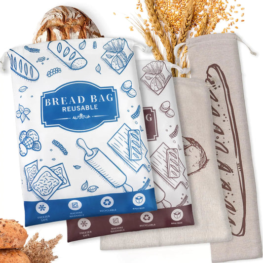 Paquete de 4 Bolsas para Pan Hecho en Casa Reutilizables con Forro de TPU para Almacenamiento de Pan de Masa Ácida, Baguettes, Conservación Fresca, Almacenamiento en Congelador, Esenciales para Hacer Pan en Casa y Regalos para Hornear