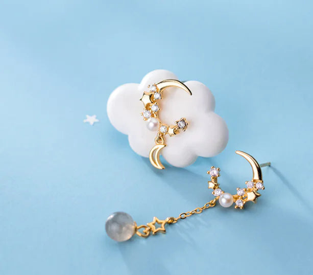 Pendientes de Plata S925 con Diseño Asimétrico de Estrella y Luna