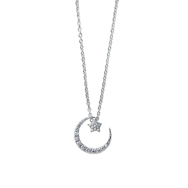 Collar de Plata S925 para Mujer con Diseño de Estrella y Luna