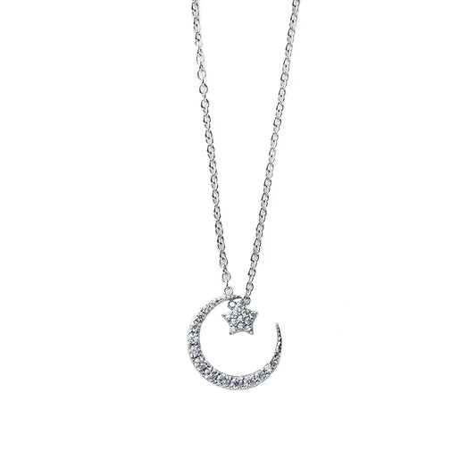 Collar de Plata S925 para Mujer con Diseño de Estrella y Luna