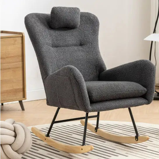 Sillón Mecedor con Bolsillos, Sillón Mecedor de Tela Teddy Suave para Guardería, Sillón Mecedor Golider Wingback Cómodo