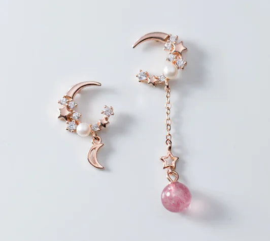 Pendientes de Plata S925 con Diseño Asimétrico de Estrella y Luna