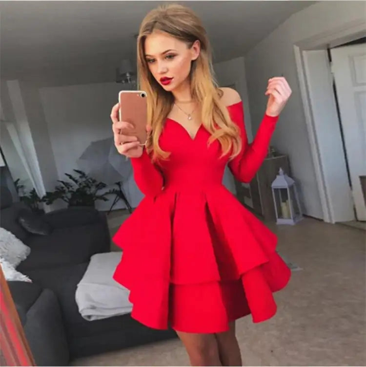 Vestido Elegante con Cuello en V Profundo y Manga Larga