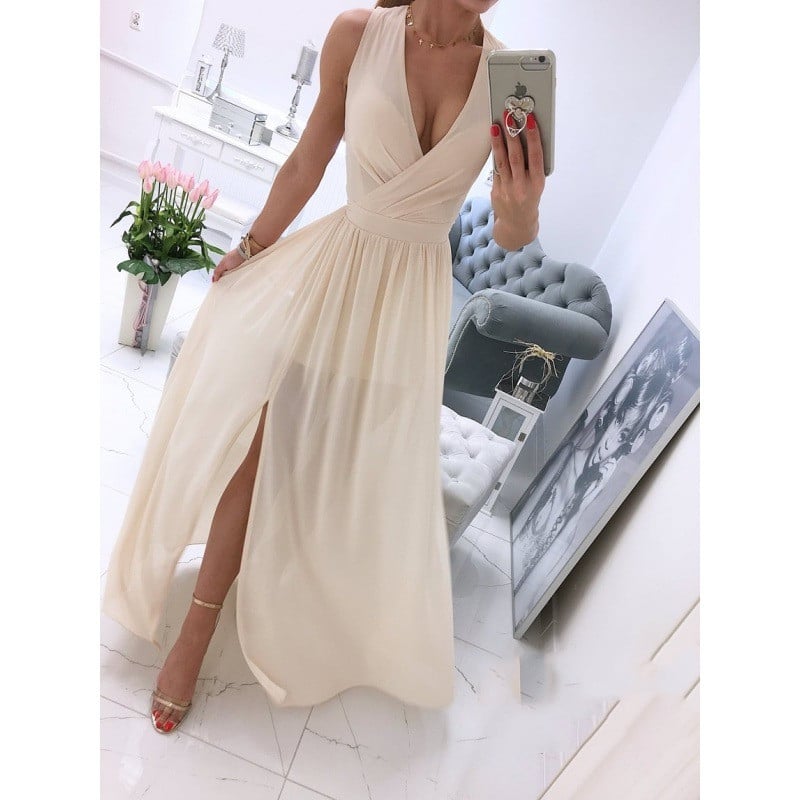 Solid Color V-Neck Dress for Women
