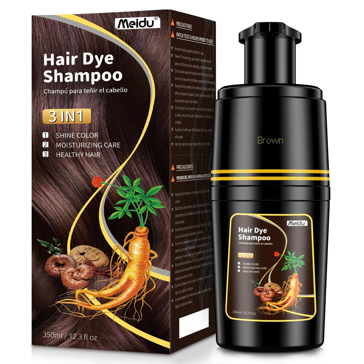 Shampoo Tinte IIIMEIDU 3 en 1 para Cabello Gris Color Natural Shampoo Tinte de Cabello para Mujeres y Hombres Cubre 100% el Cabello Gris 350ml Marrón