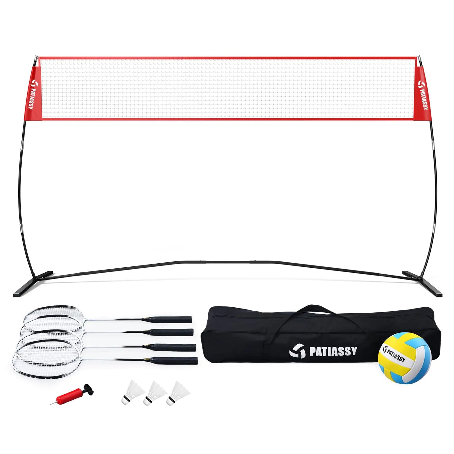 Patiassy Red de Práctica de Voleibol Independiente de 14ft Ajustable en Altura, Portátil para Uso Interior o Exterior, Set de Entrenamiento de Voleibol para Patios y Entradas (Rojo con Voleibol y Bádminton)