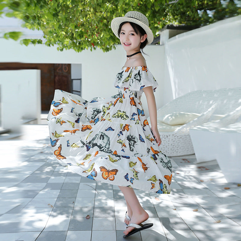 Vestido maxi de algodón con estampado bohemio de flores y mariposas para niñas