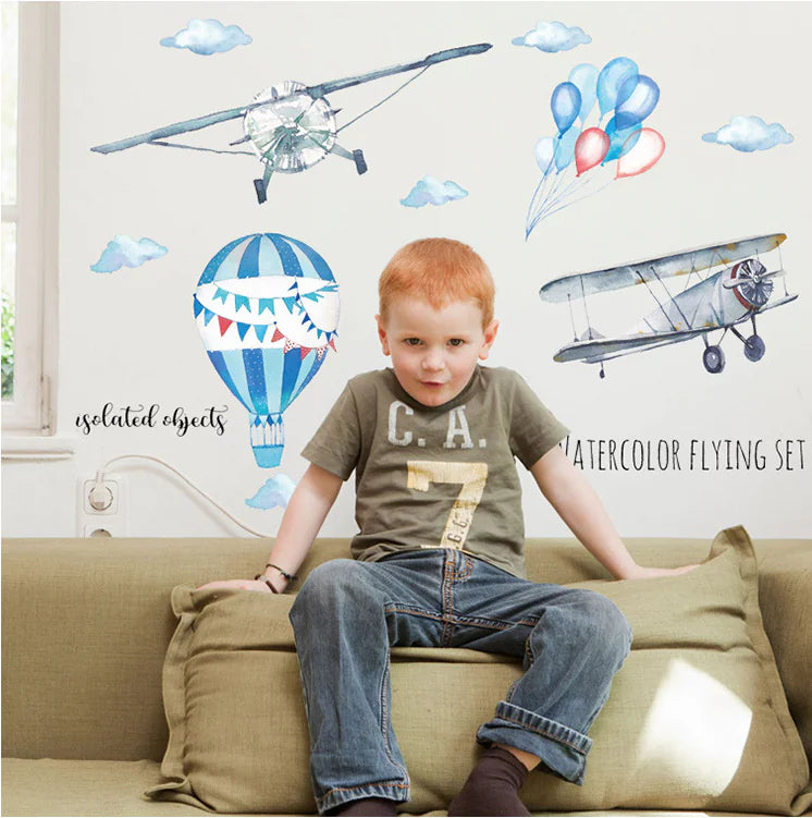 Watercolor Hand-Painted Airplane Balloon Wall Stickers