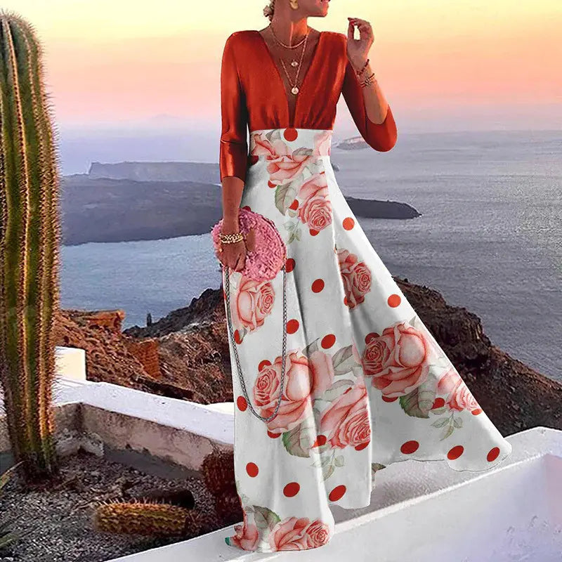 Color Block Long Sleeve Deep V-neck Party Dress