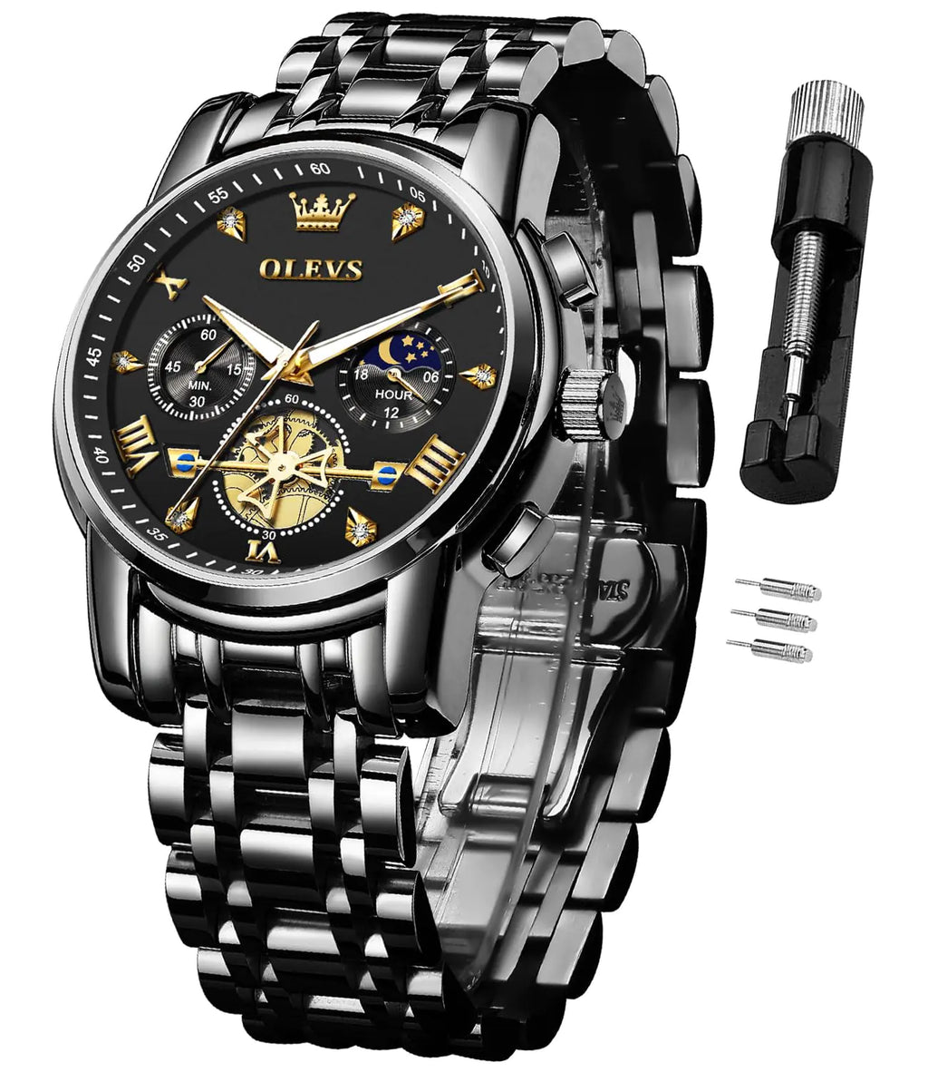 Relojes OLEVS para Hombre de Acero Inoxidable con Cronógrafo de Gran Esfera Fácil de Leer Relojes de Cuarzo Analógicos de Lujo Impermeables con Fecha y Dial de Diamantes Reloj de Vestir de Pulsera para Hombre Negro
