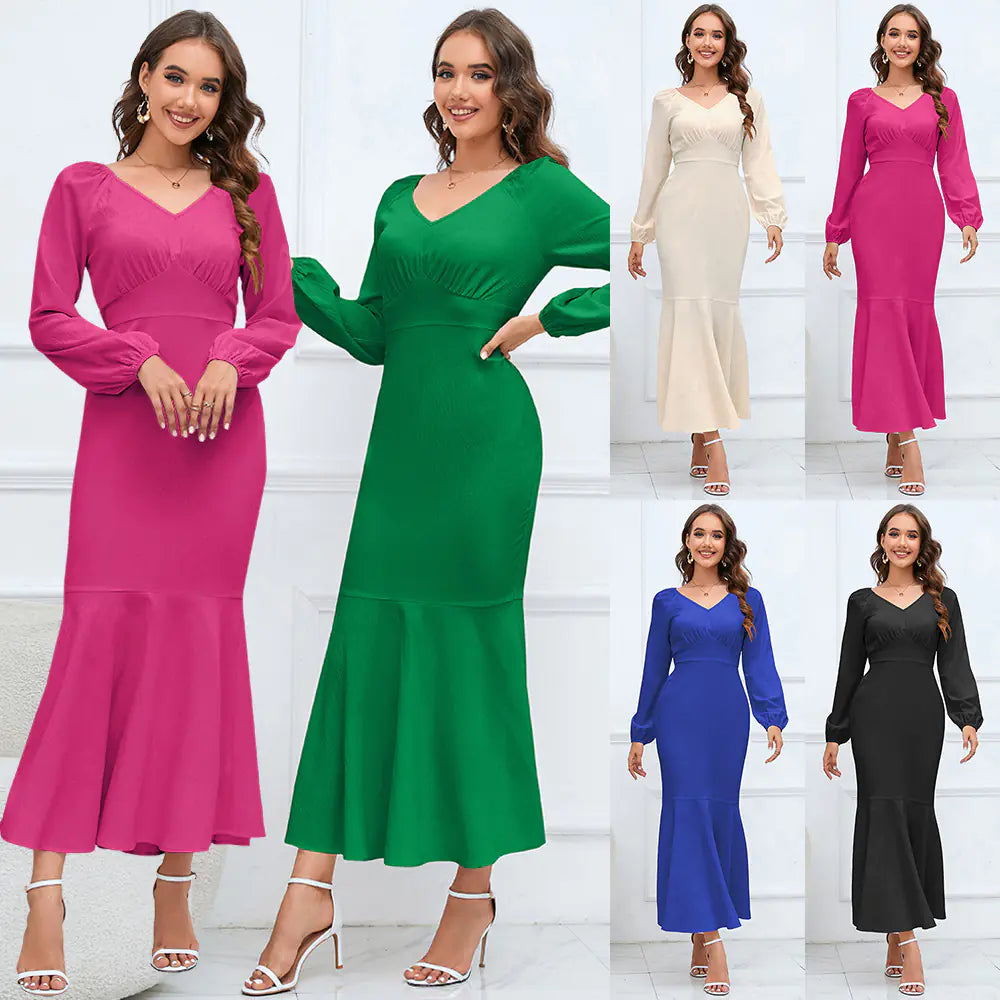 V-neck Long Sleeve Dress for Women's Fashion Style