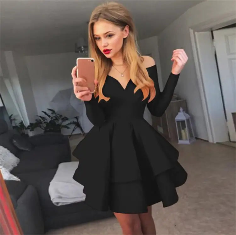 Vestido Elegante con Cuello en V Profundo y Manga Larga